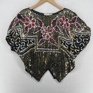 VALAITI CREATIONS Top OS Silk Floral Sequin Beaded Asymmetric Gold Black India